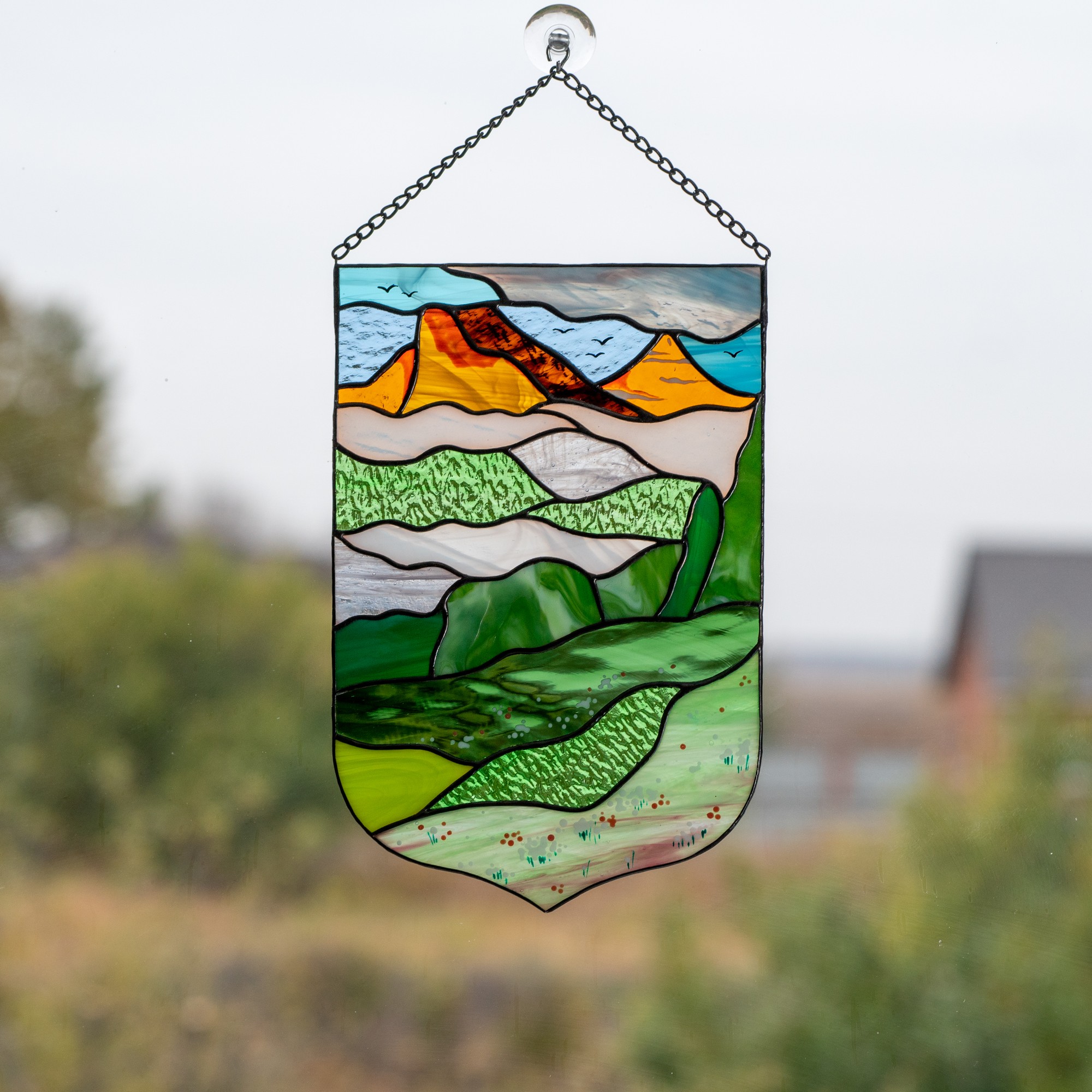 Mountains stained glass window hangings 18671 from GlassArtStories with donate to u24