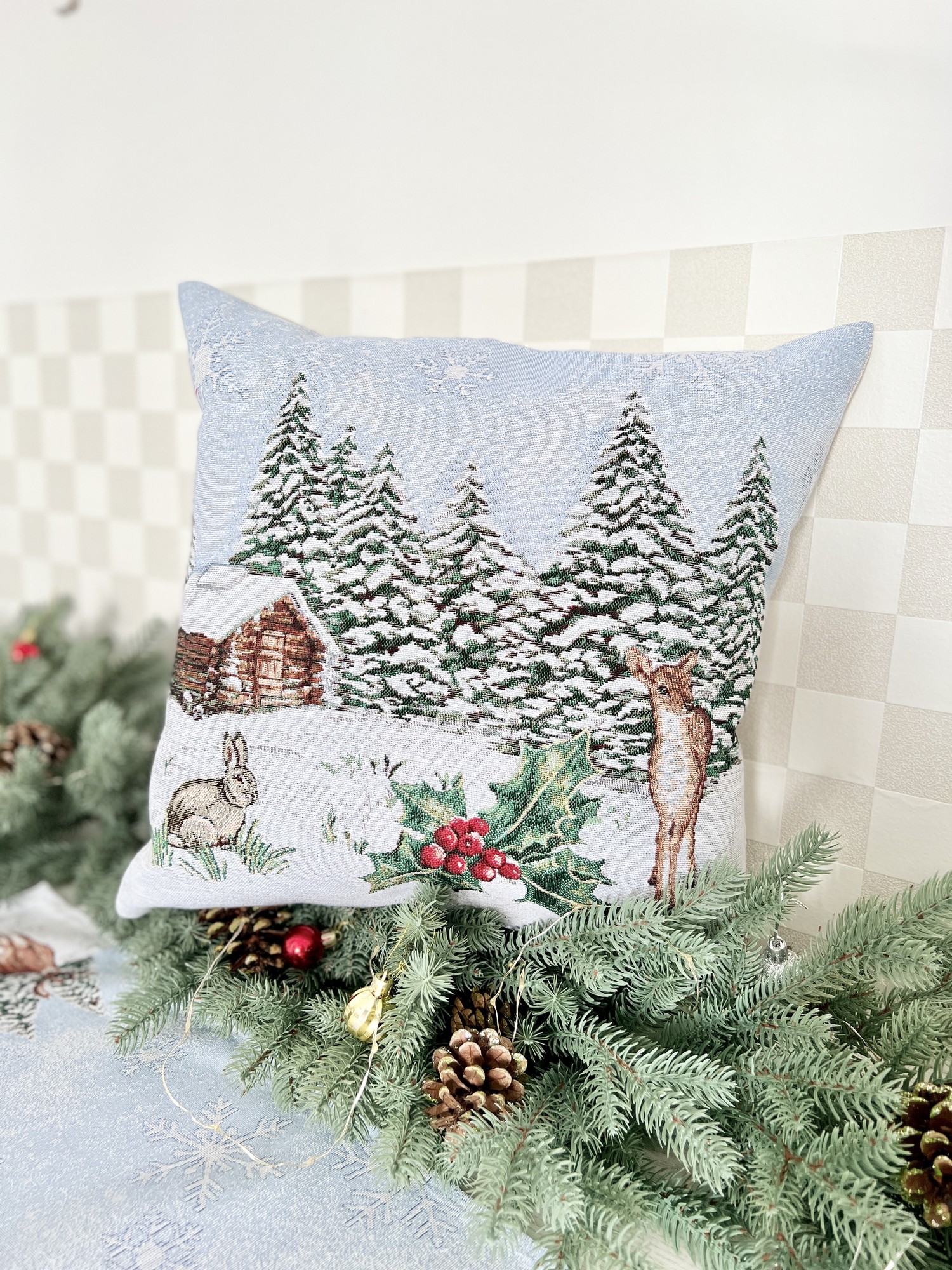 Christmas decorative tapestry pillowcase with silver lurex 45*45 cm. one-sided