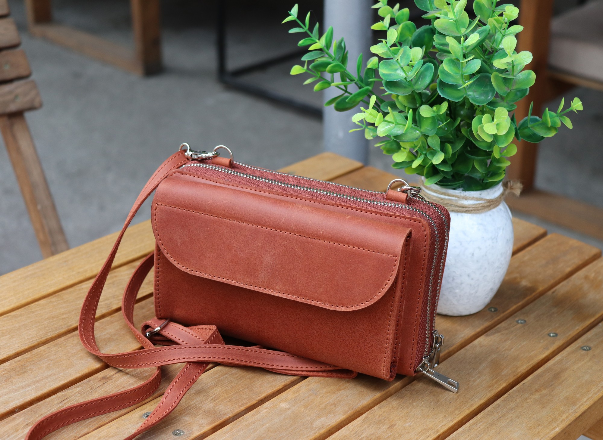 Leather crossbody bag-wallet for iphone 14 on shoulder strap for women / Brown - 01010