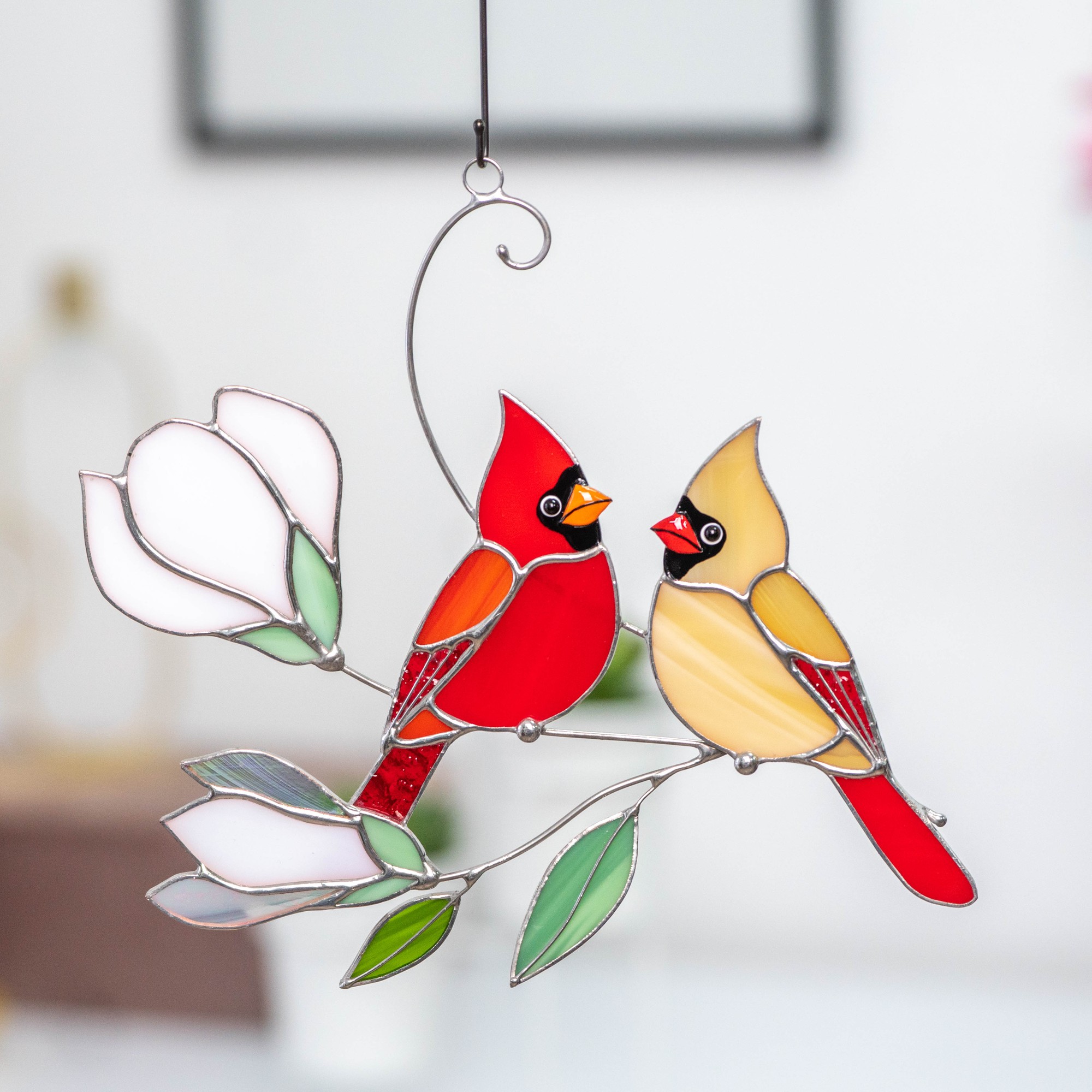 Pair of cardinals stained glass window hangings 19244 from