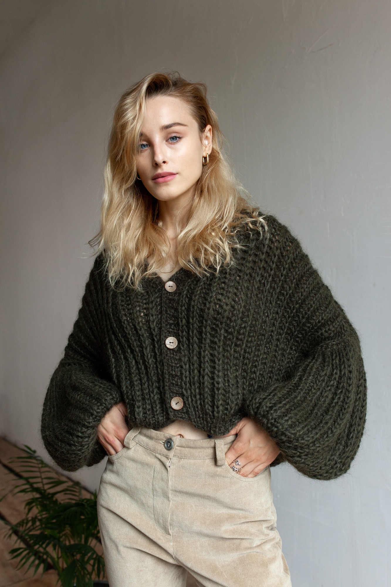 Kidmocher and wool cardigan in khaki color
