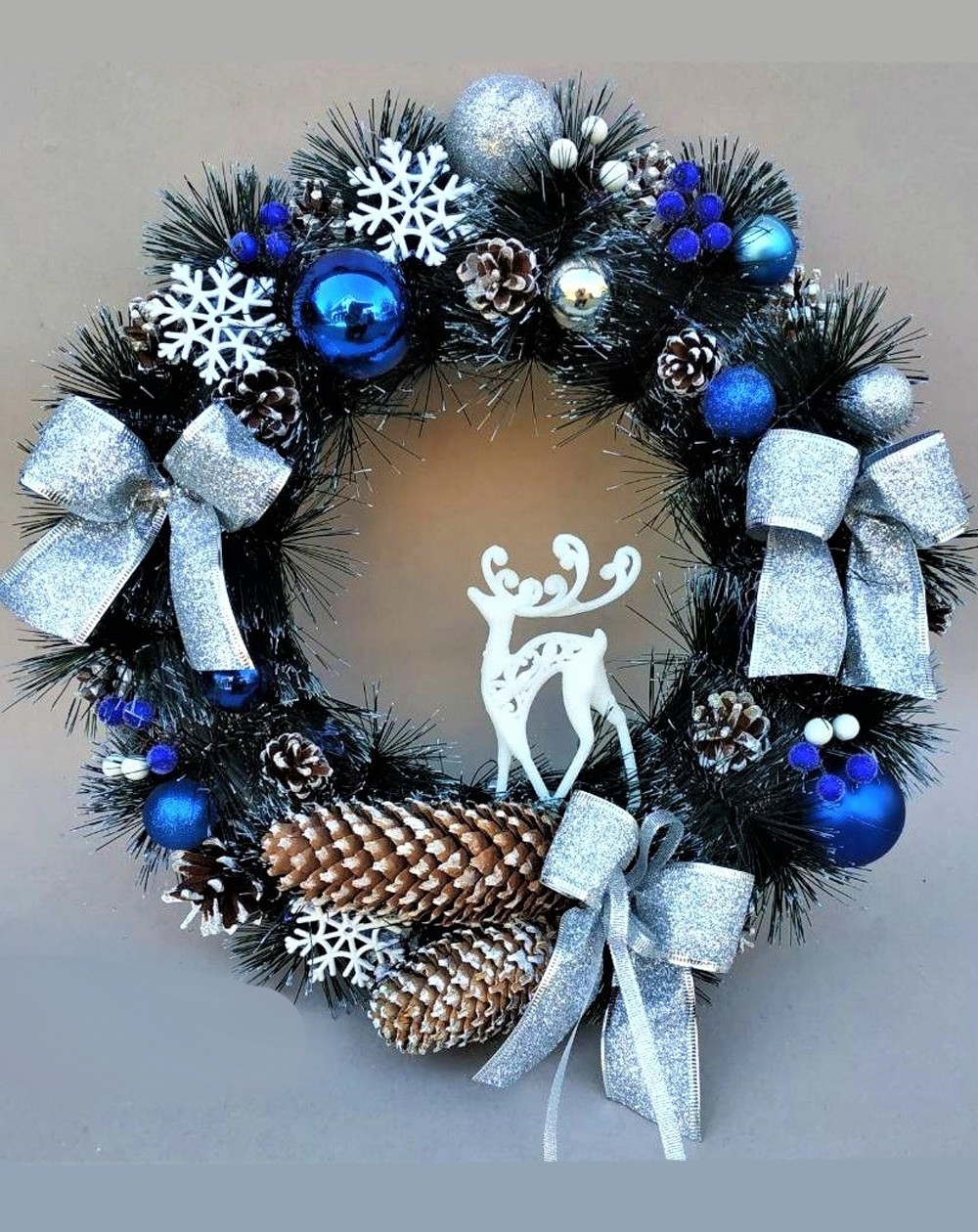 New Year's Christmas wreath 40 cm. Vela Handmade with natural holiday decor in branded packaging for gift by Designer "Deer" Blue