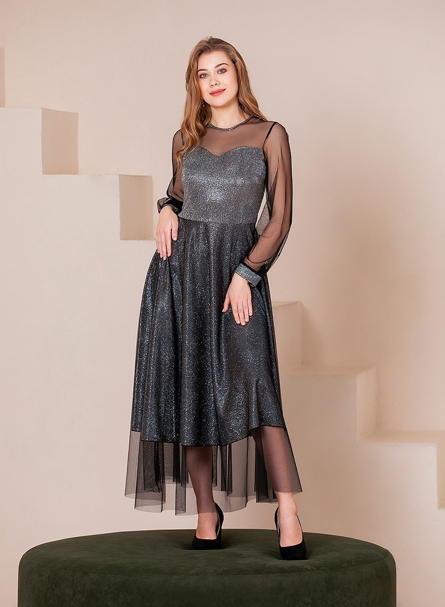 Shiny elegant silver black dress with long sleeves