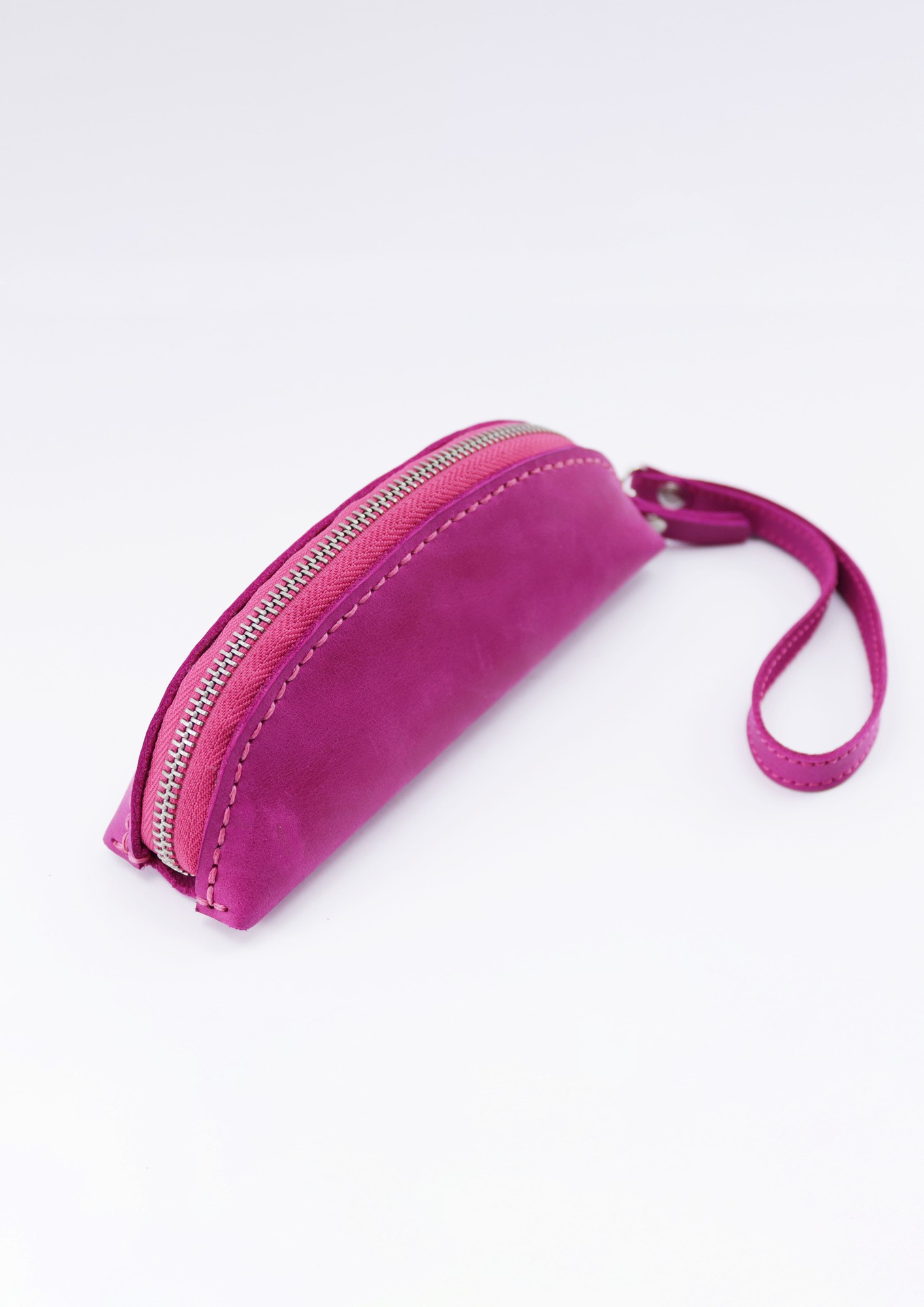 Women's Leather Half Round Glasses/ Sunglasses Case with Zipper and Hand Strap/ Pink/ 04005