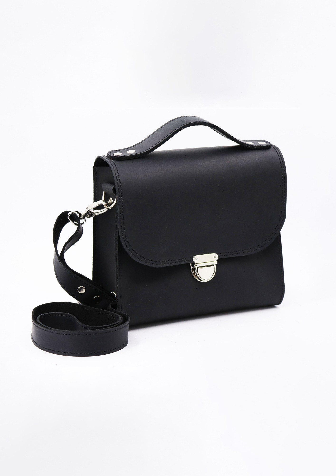 Small minimalist handmade women's briefcase/bag with top handle and shoulder strap/ Black/ 01034