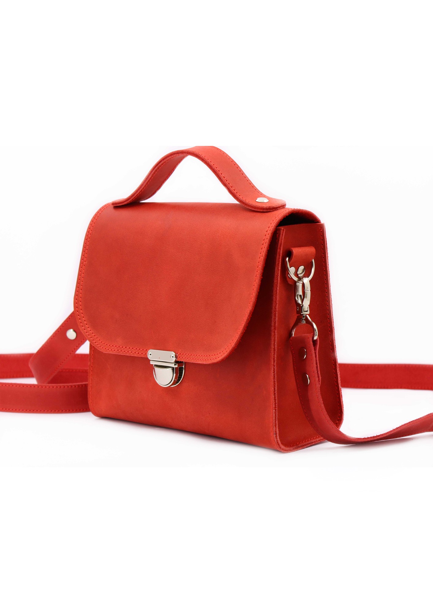 Womens leather shoulder bag with top handle on strap / Red - 01034