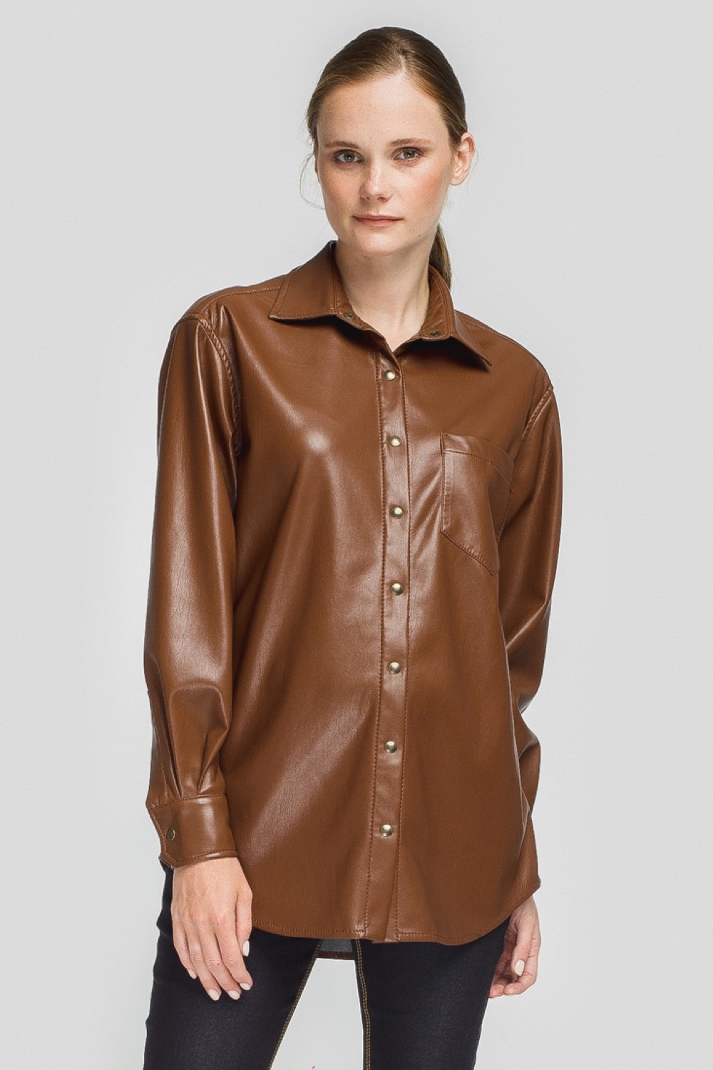 Caramel eco-leather maternity-friendly shirt