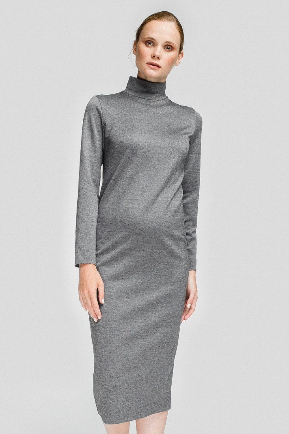 Gray sheath maternity-friendly midi dress