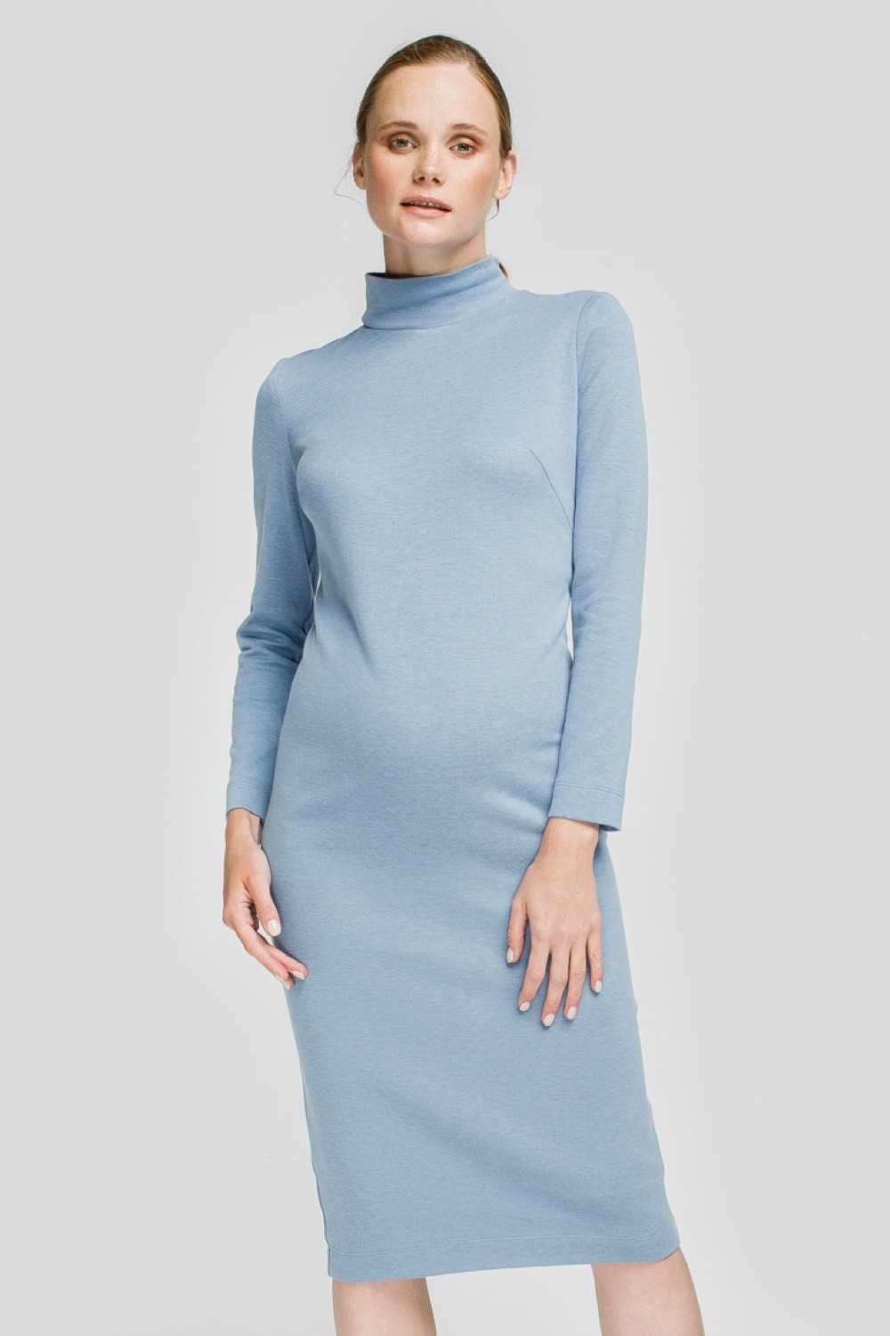 Blue sheath maternity-friendly midi dress