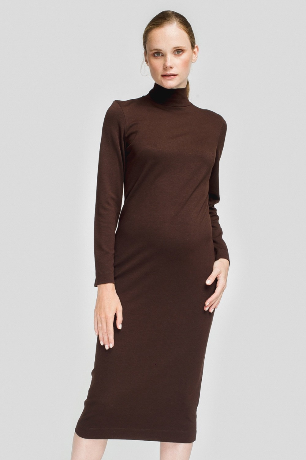 Chocolate sheath maternity-friendly midi dress