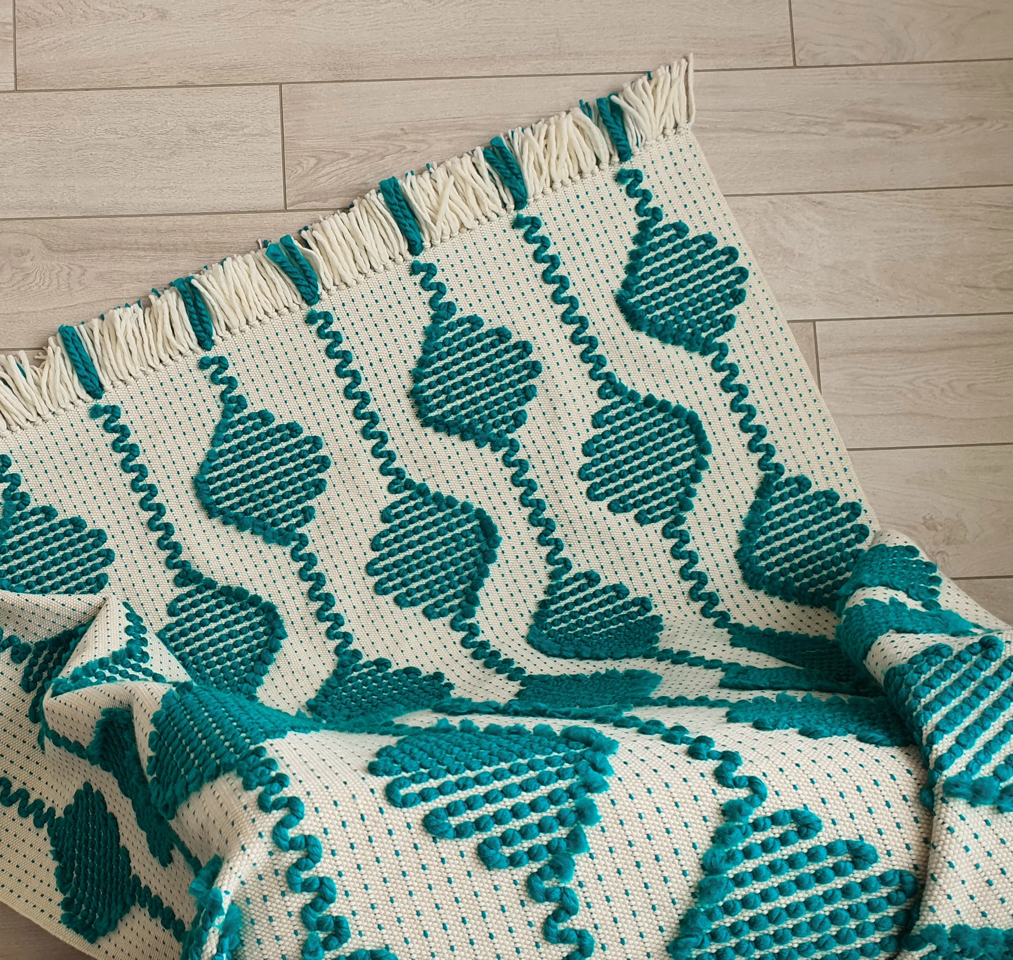 Woven wool bedspread, turquoise bed runner, sofa blanket, handmade
