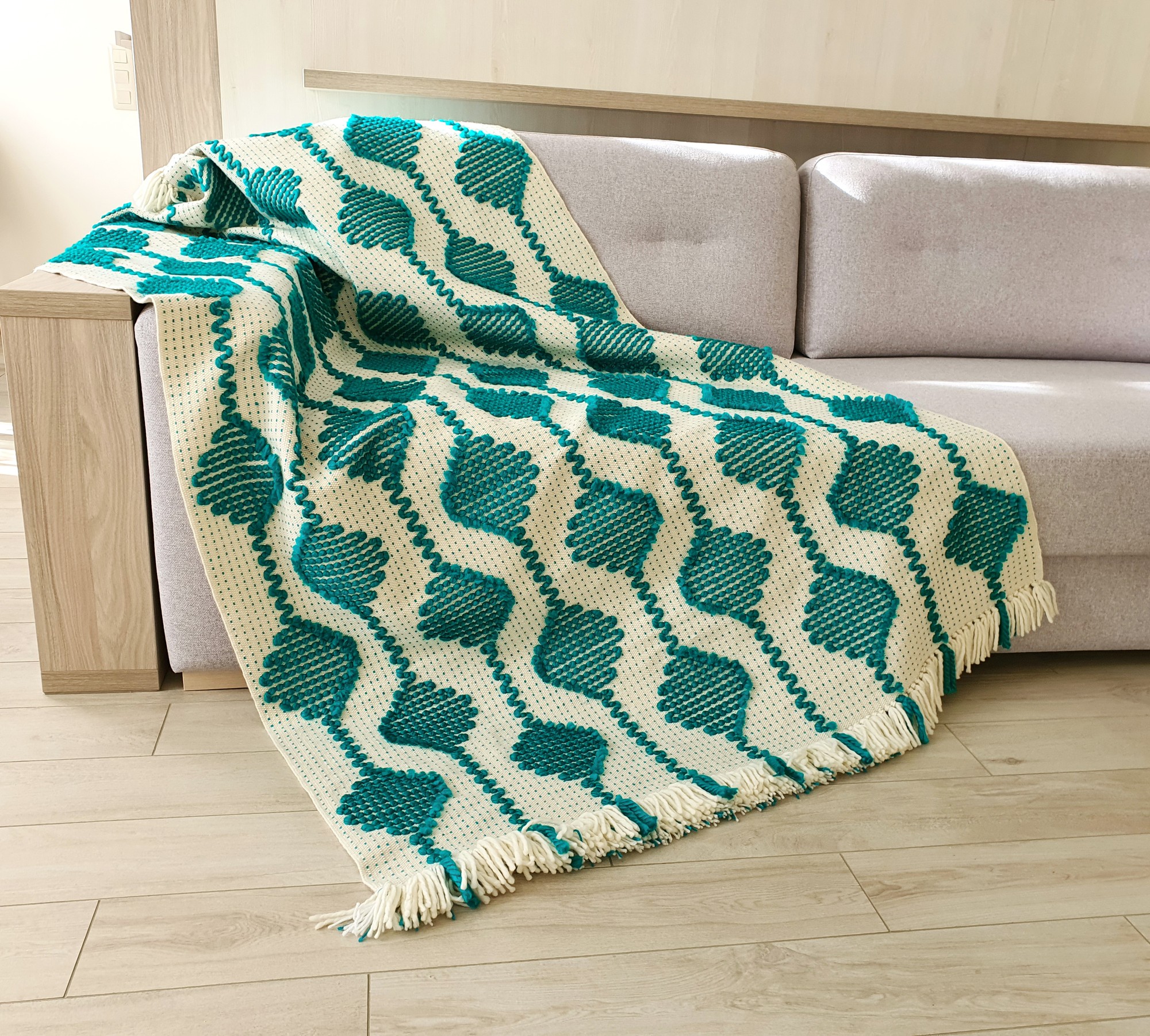 Woven wool bedspread, turquoise bed runner, sofa blanket, handmade