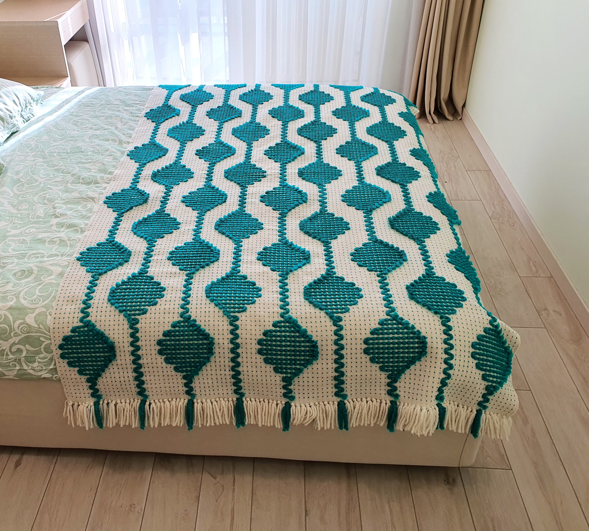 Woven wool bedspread, turquoise bed runner, sofa blanket, handmade