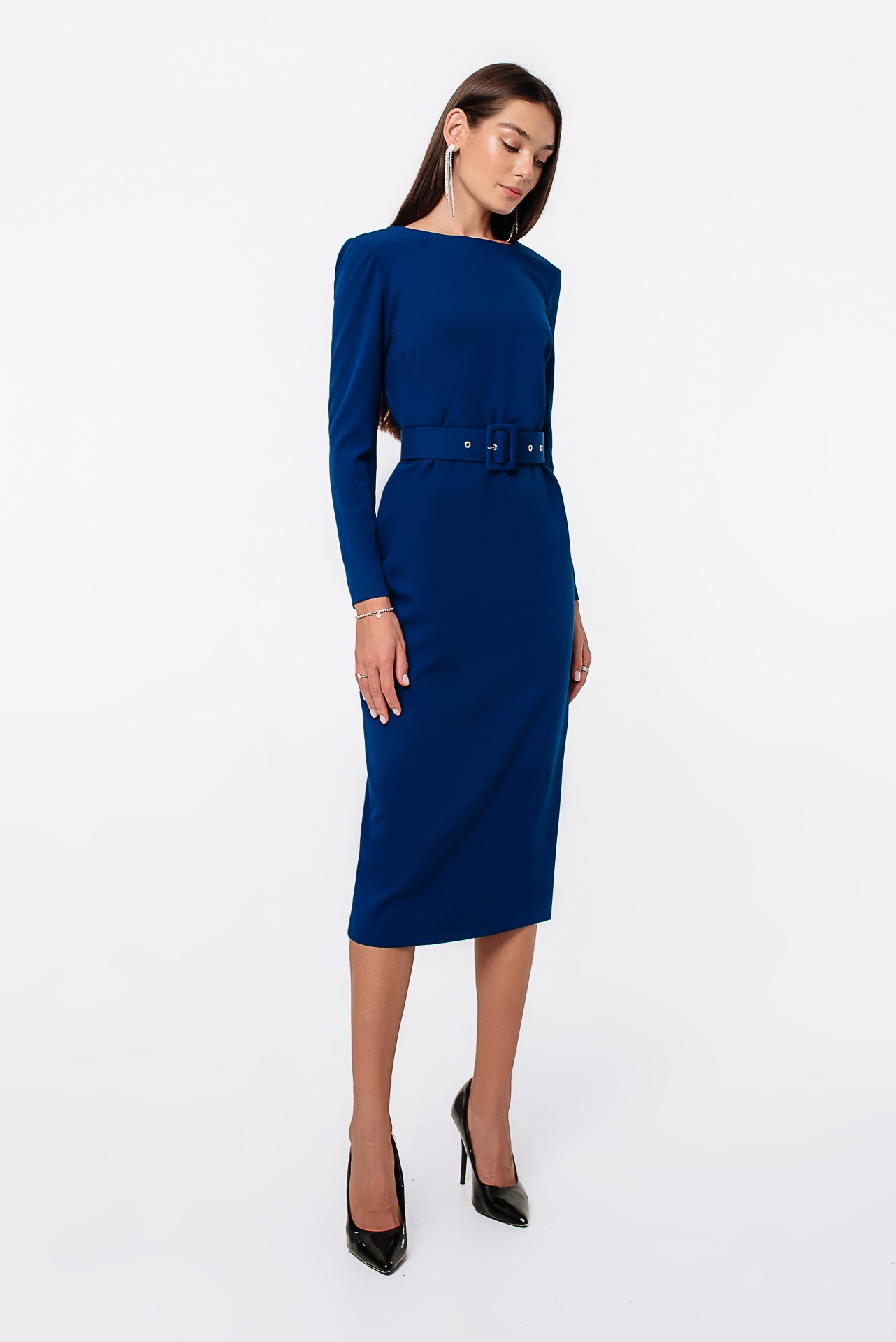MIDI DRESS WITH OPEN BACK WITH BELT BLUE
