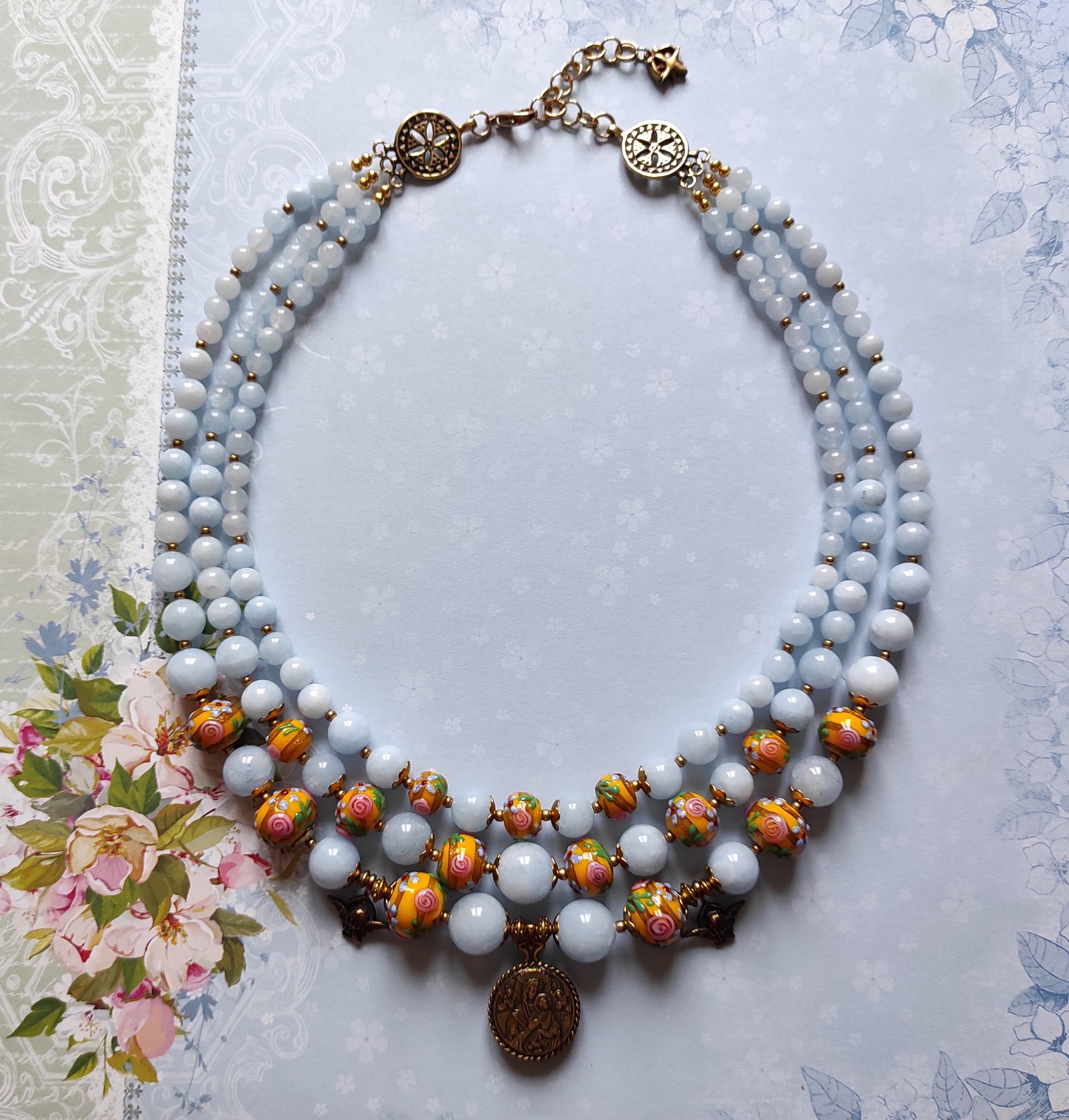 Necklace «Ukraine in bloom» from glass and aquamarine
