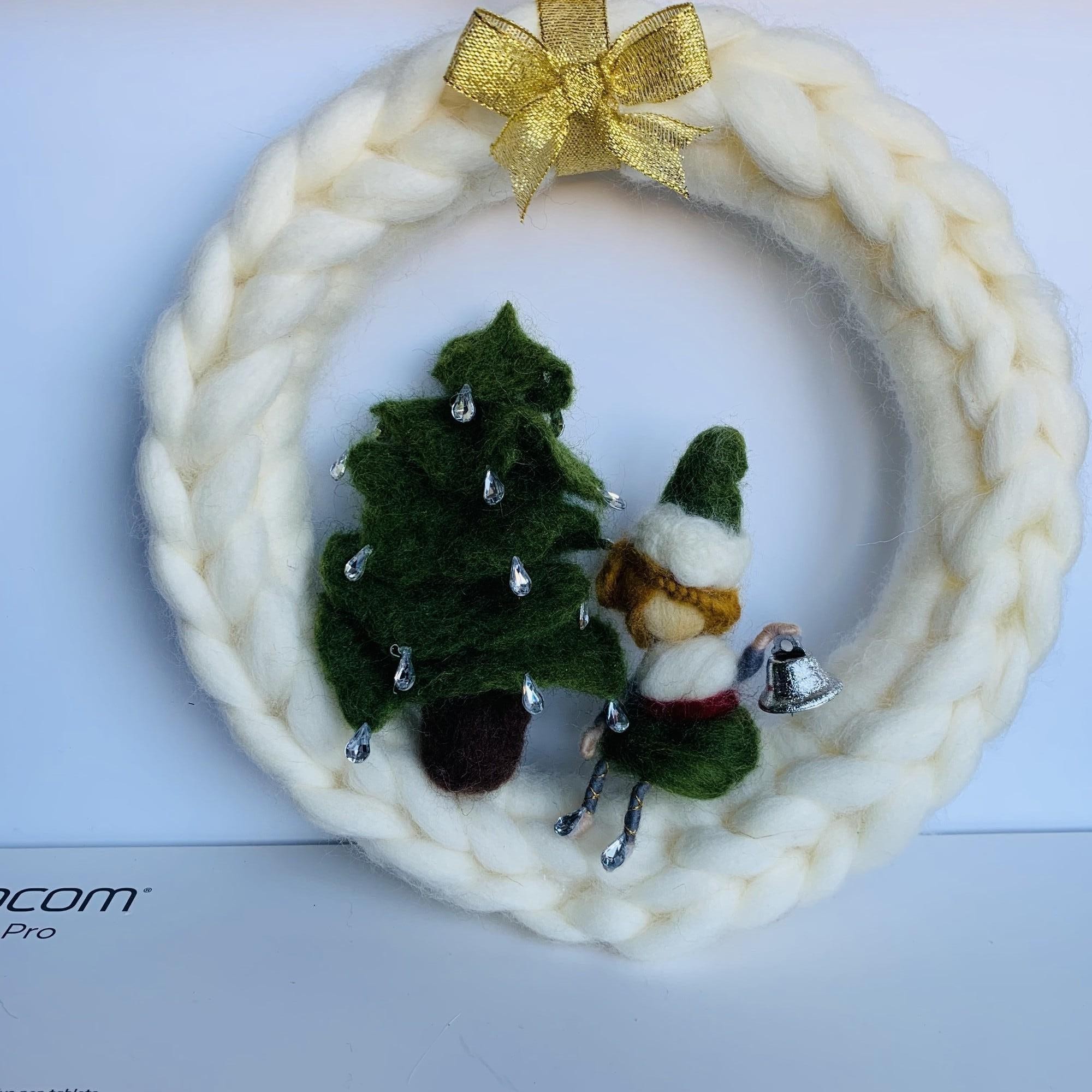 New Year's wreath on the door of the house, Christmas toy elf, Christmas tree decoration