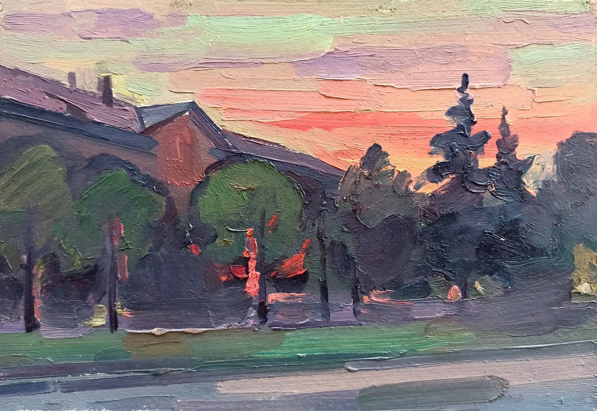 Oil painting Sunset over the city Peter Tovpev nDobr240