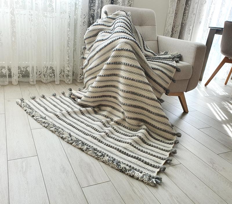 Woven wool throw blanket striped white gray, Coverlet, Handmade