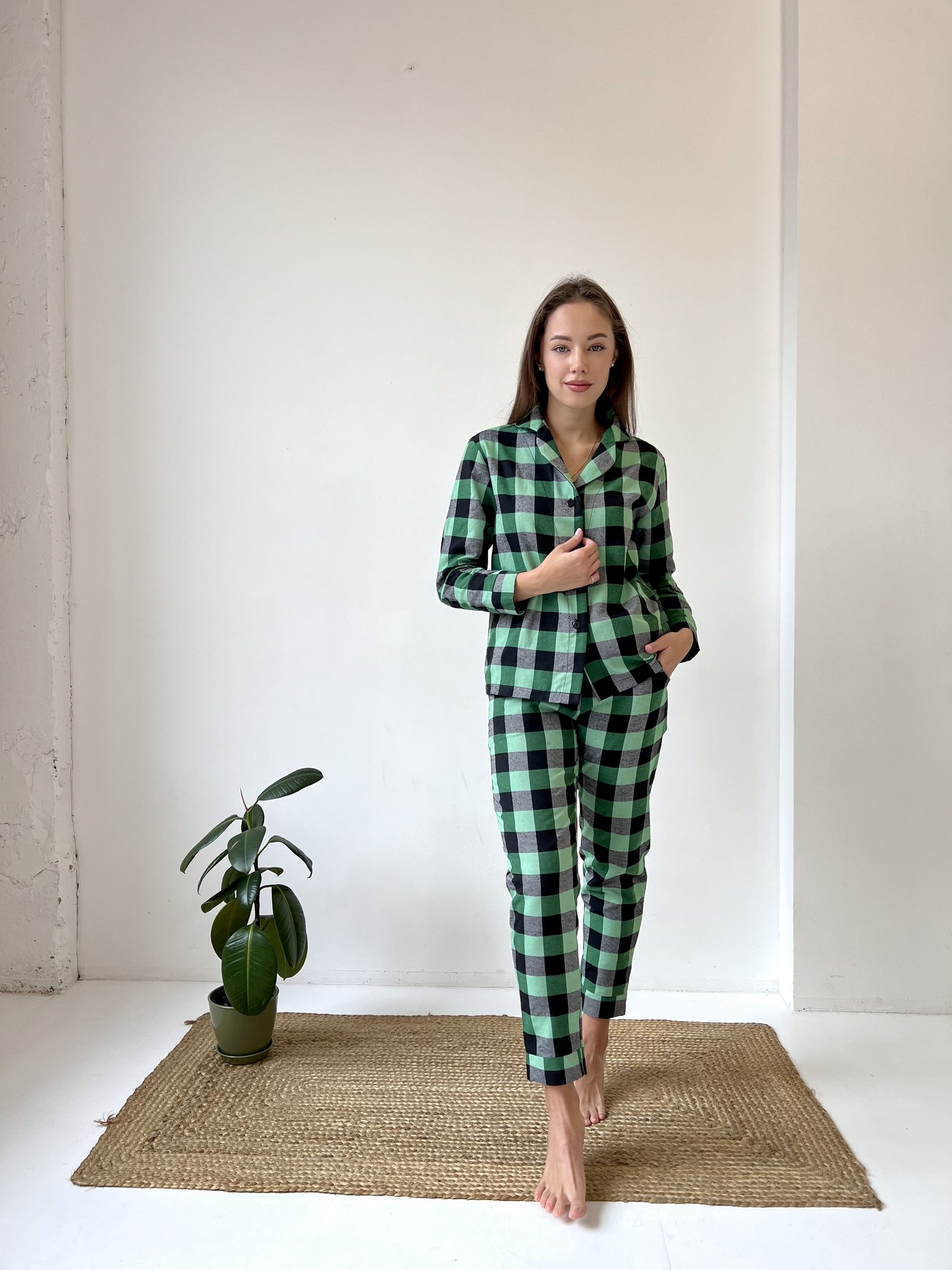 Women's Pajamas Home Suit Plaid COZY Pants+Shirt Green/Black F81P