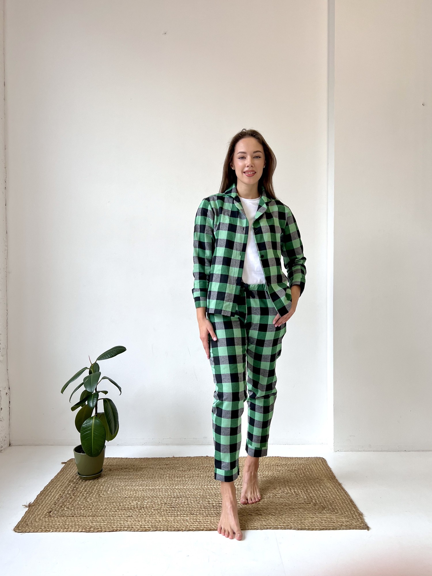Women's Pajamas Home Suit 3-Piece Plaid COZY (Pants+Shirt+T-Shirt) Green/Black F81P+f01ws