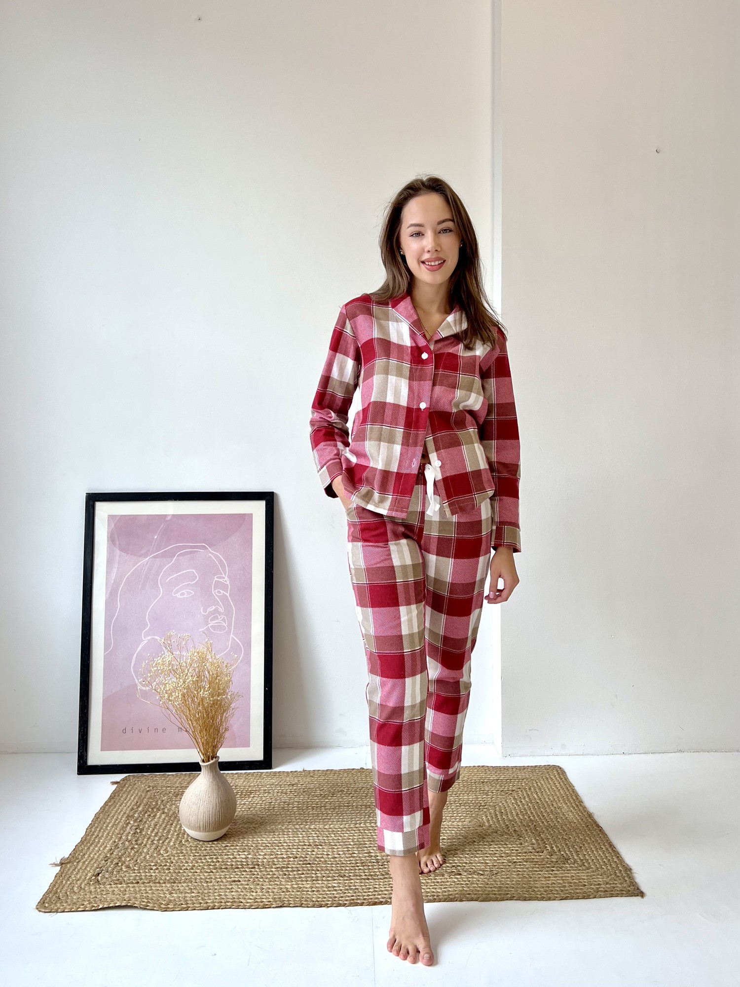 Women's pajamas home suit check COZY pants+shirt red/white F61P