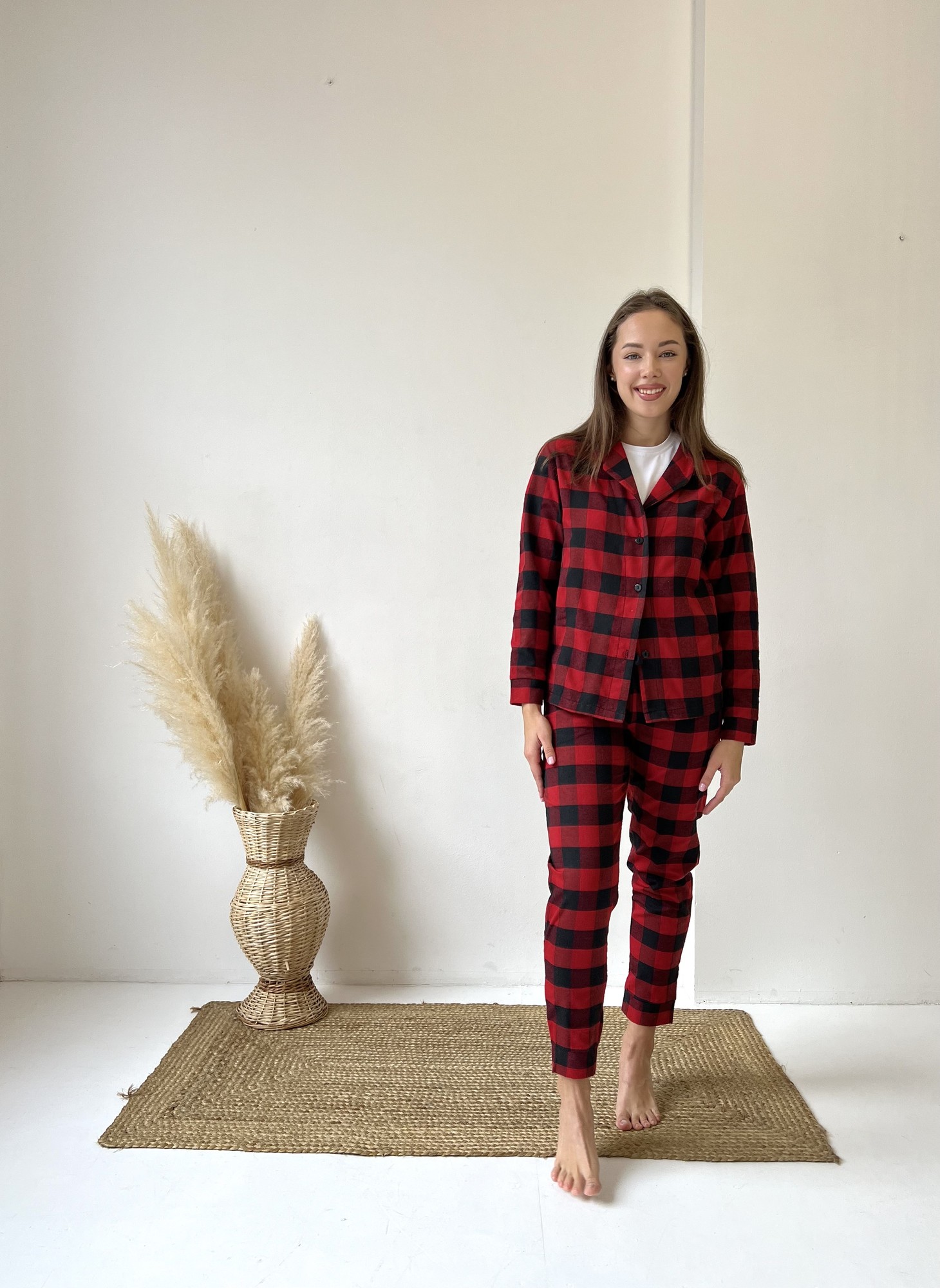 Women's pajamas 3-piece plaid COZY (pants+shirt+t-shirt) red/black F71P+f01ws