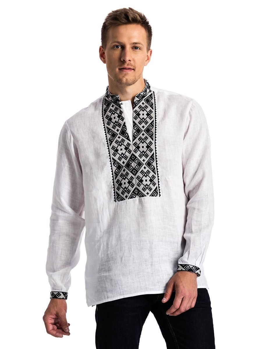 White men's embroidered shirt with black embroidery ED2