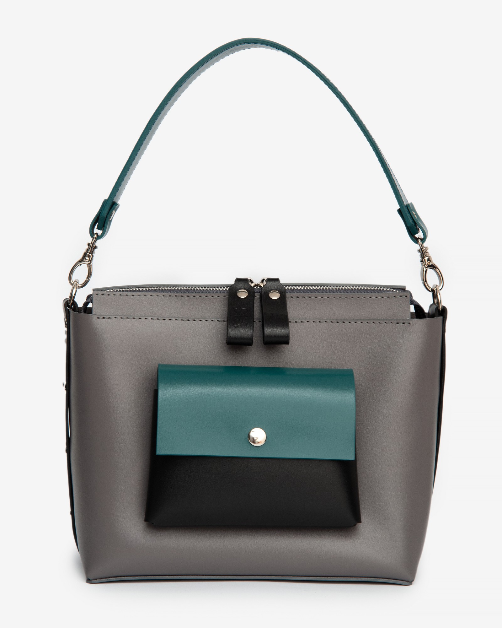 Avrora leather bag. Black, pine green and grey color