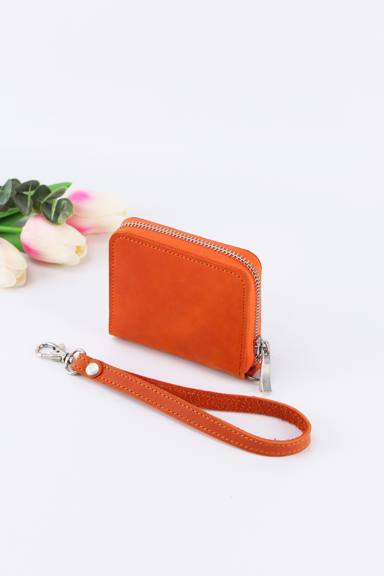 Women's Small Leather Zip Around Wallet with Wrist Strap/ Compact Mini Purse with Hand Strap/ Orange - 03008. Made in Ukraine