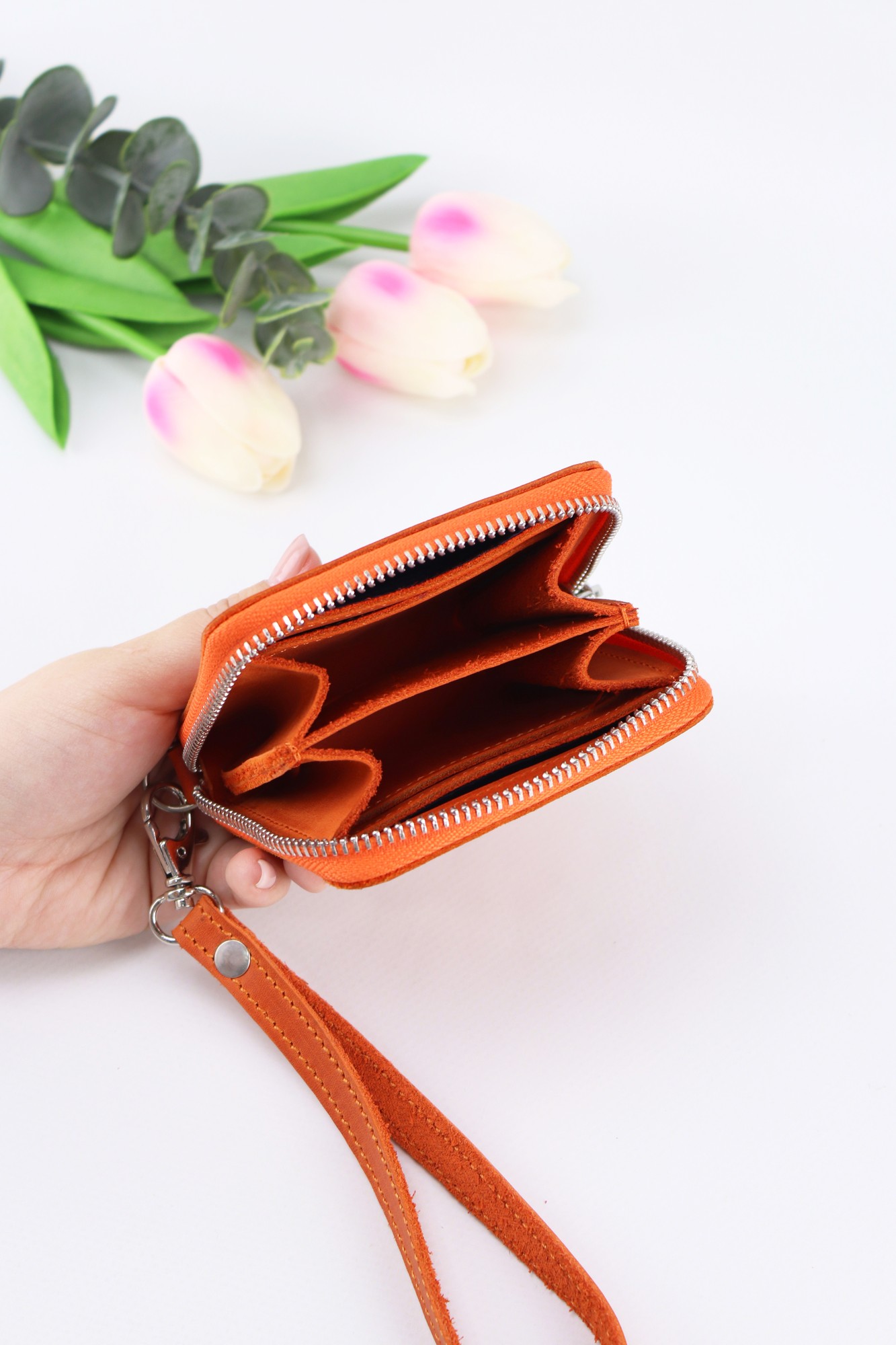 Women's Small Leather Zip Around Wallet with Wrist Strap/ Compact Mini Purse with Hand Strap/ Orange - 03008. Made in Ukraine