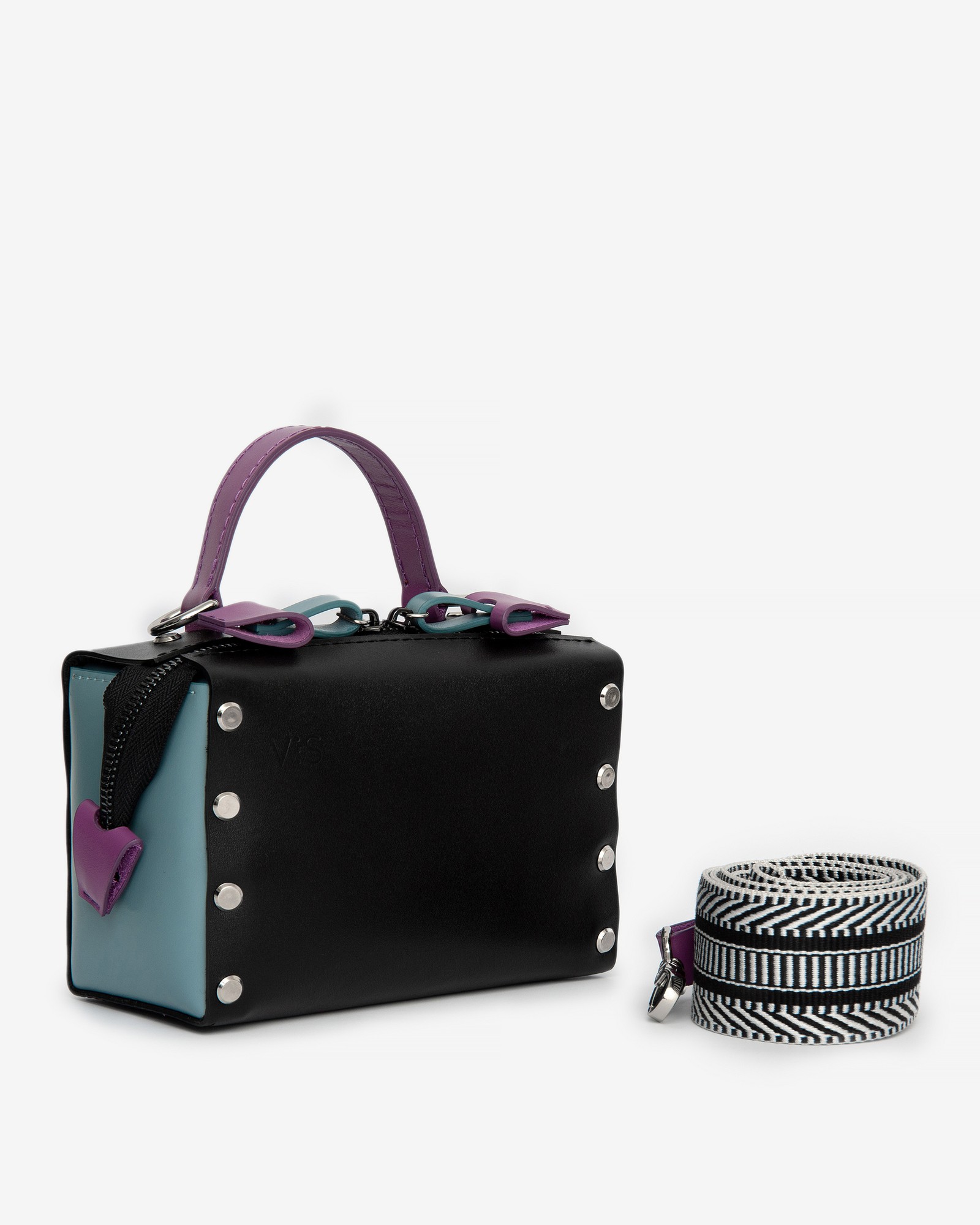 Antares leather bag in black, blue and purple color