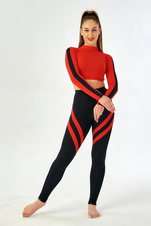 Leggings and a top with inserts - a black and red set of training clothes