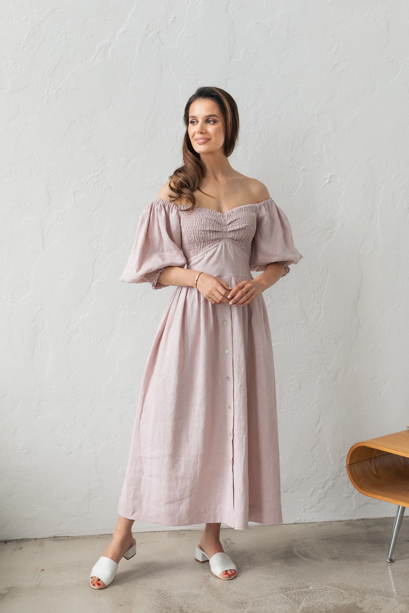 Pale Rose Linen Smocked Dress for Women