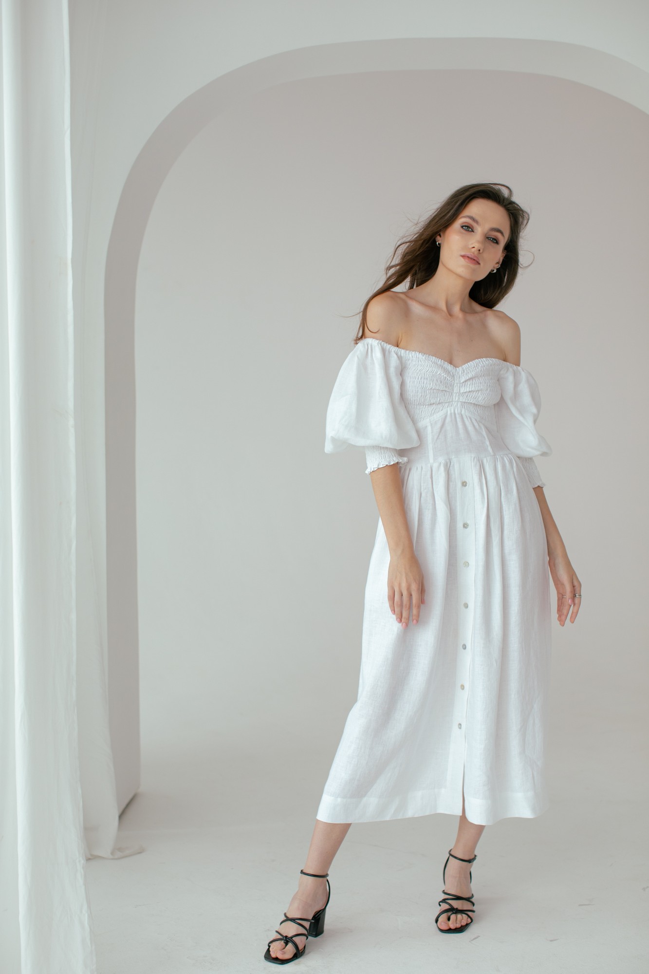 White Linen Smocked Dress for Women