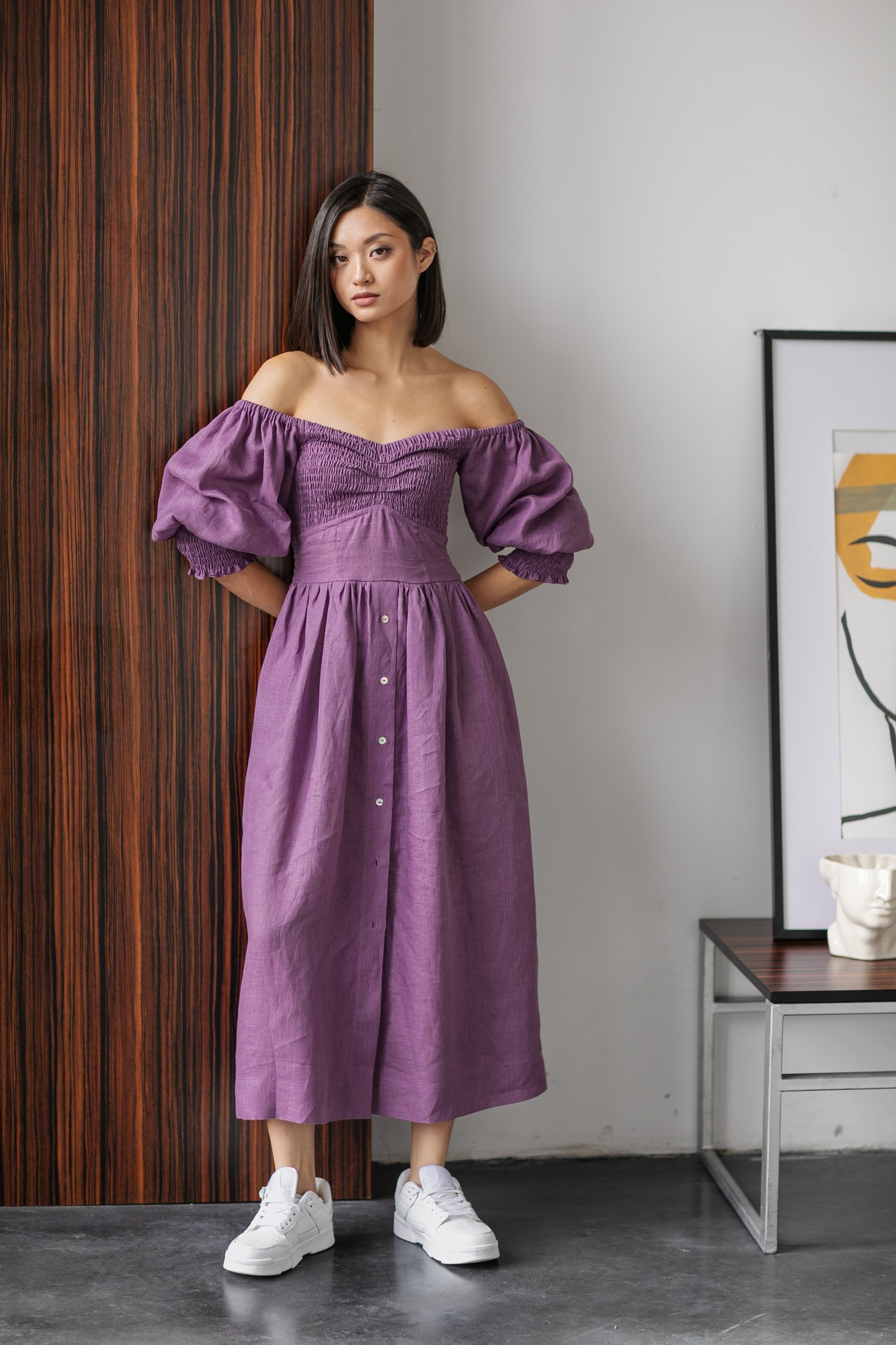 Plum Linen Smocked Dress for Women