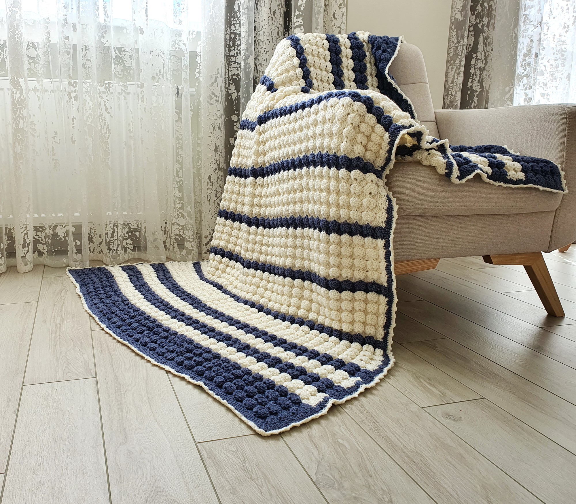 Crochet wool blanket white and blue striped wool knit throw