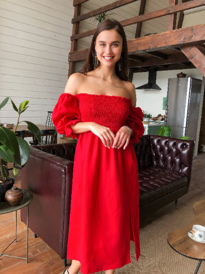 Red Linen Smocked off Shoulder Dress for Women
