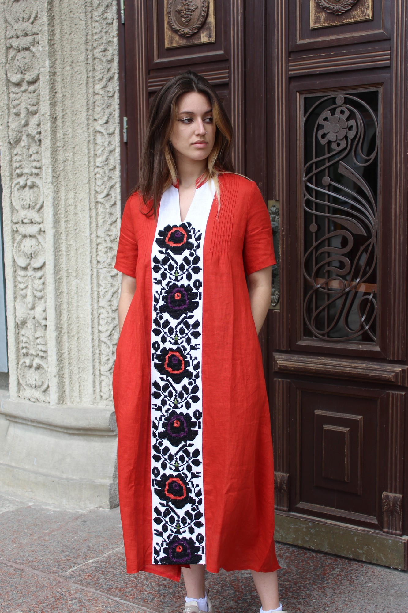 Red lilen dress with flowers (hand embroidery)