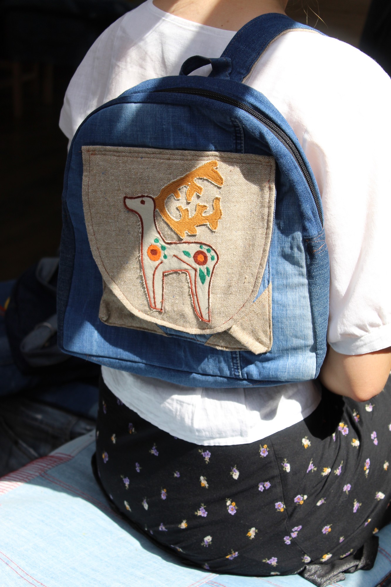 Jeans backpack «with a deer»
