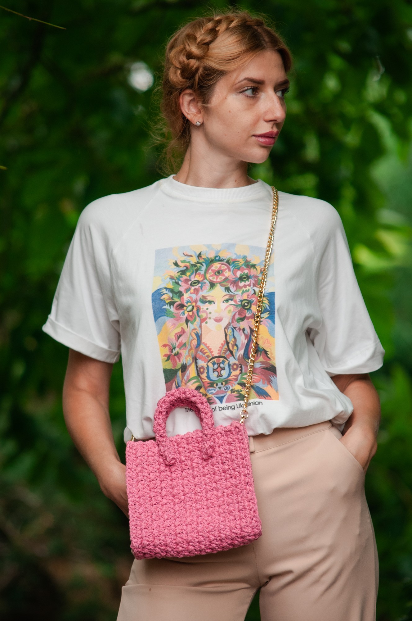 Crochet pink crossbody bag for women