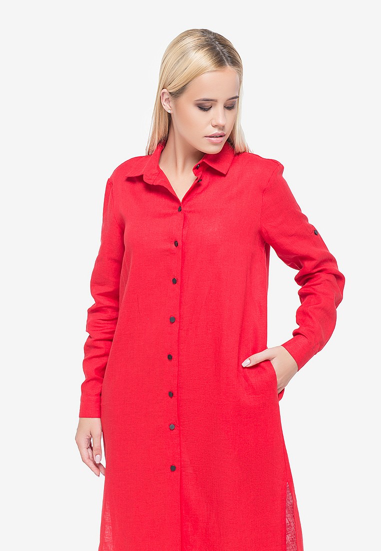 Red Linen Shirt Dress with a Slit