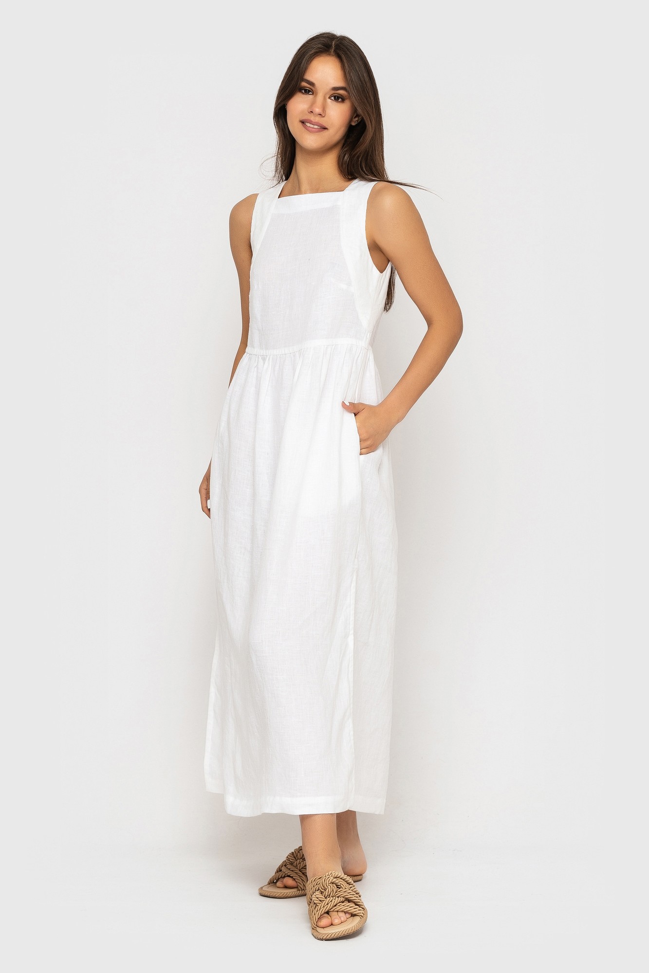 Linen Dress in White Midi