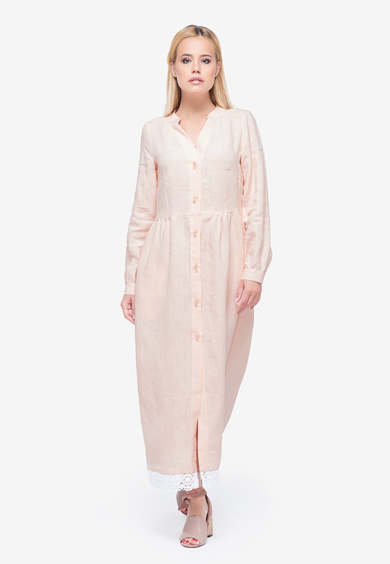 Long Pink Linen Dress With Lace and Buttons