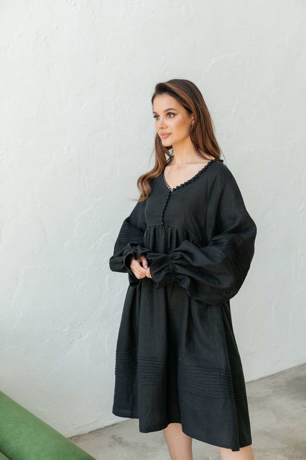 Black Linen Dress with Puffy Sleeves