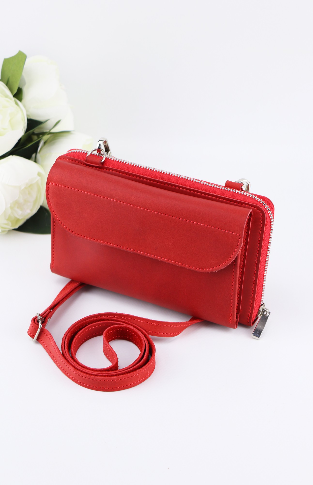 Leather Smartphone Crossbody Small Bag for Women/ Purse for iPhone 14 Pro with Wrist Strap/ Red/ 1011. Made in Ukraine
