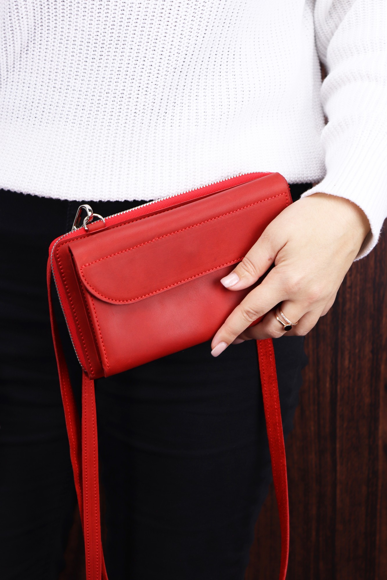 Leather Smartphone Crossbody Small Bag for Women/ Purse for iPhone 14 Pro with Wrist Strap/ Red/ 1011. Made in Ukraine