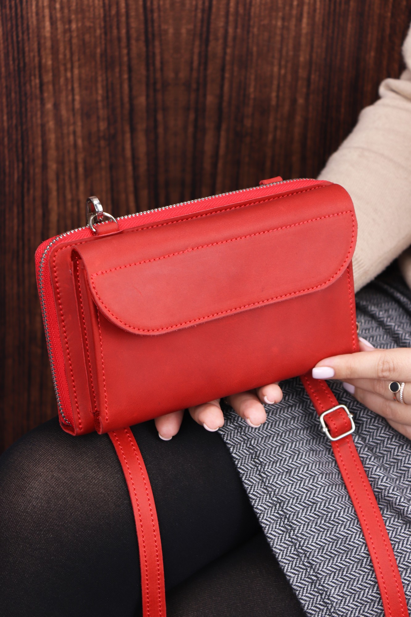 Leather Smartphone Crossbody Small Bag for Women/ Purse for iPhone 14 Pro with Wrist Strap/ Red/ 1011. Made in Ukraine