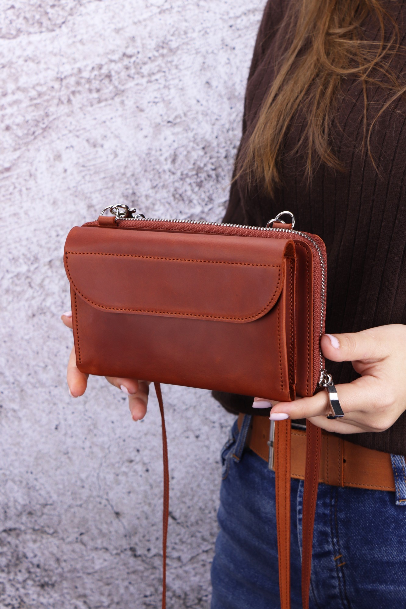 Leather crossbody bag for women/ Clutch with around zipper/ Brown - 1001