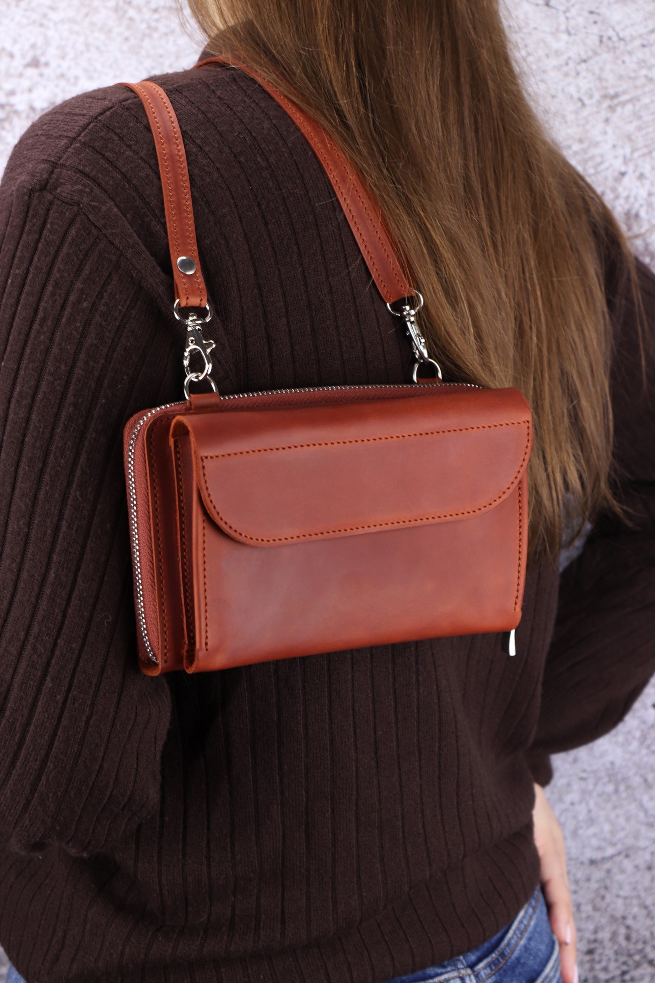 Black Leather Phone Bag With Straps Made for Her by Kulikstyle 