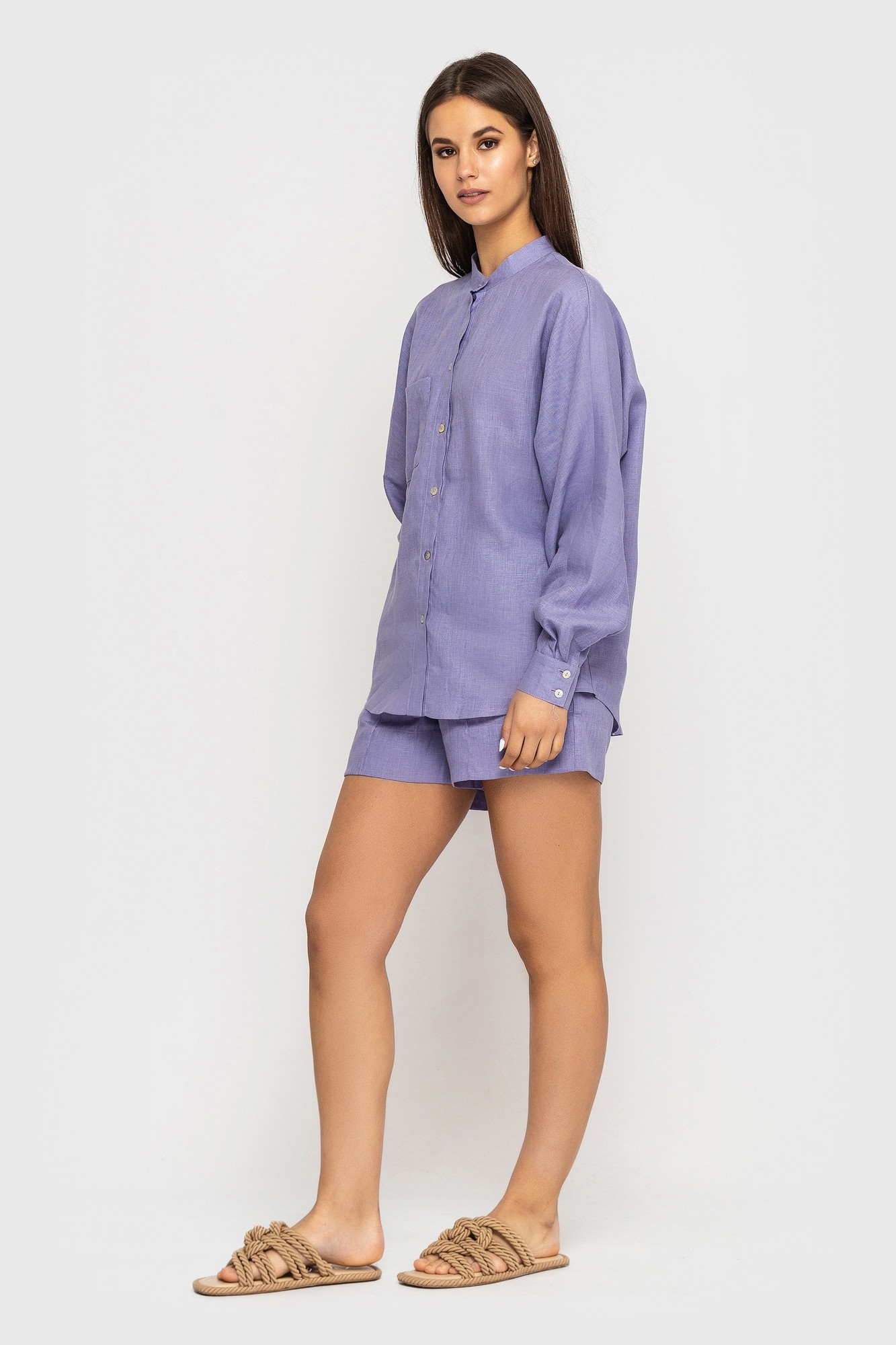Linen set of oversized shirt and shorts Lavender